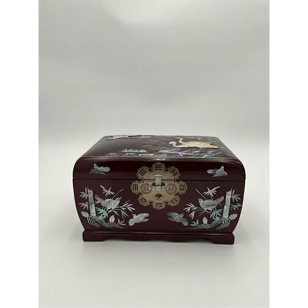 VINTAGE Mother Of Pearl Inlay Wooden Jewelry Box